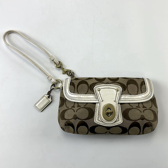 Coach Legacy Signature Brown Canvas White Leather Trim Flap Wristlet Coin Wallet - Picture 1 of 8